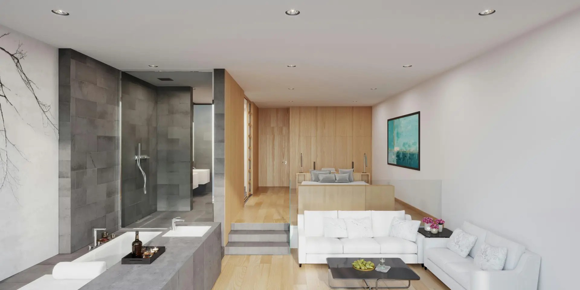Immobilien-Innenraum mit Bett, Sofa, Tisch und Dusche.